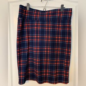 LuLaRoe Navy and Orange Plaid Pencil Skirt